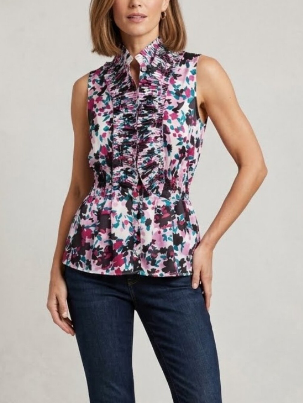 ECI NY Ruffled Pintuck Floral Sleeveless Blouse